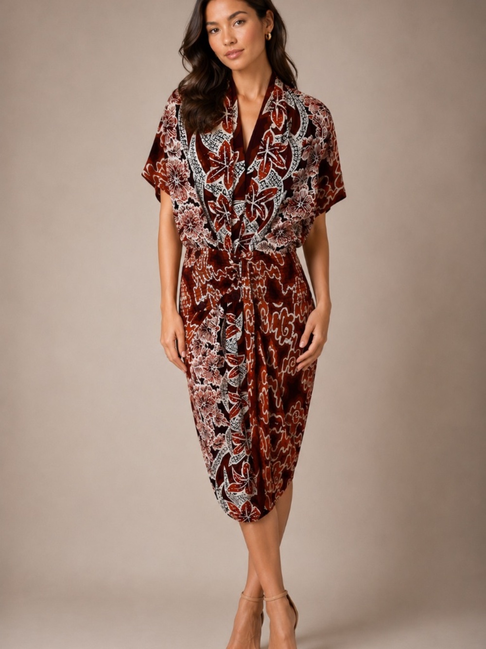 Vintage Barbara Barbara Rayon Wrap Effect Dress Rust Abstract Batik Large